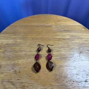 Brown Magenta Dangly Beaded Earrings 3" Boho Spiritual Festival Hippie Fairycore
